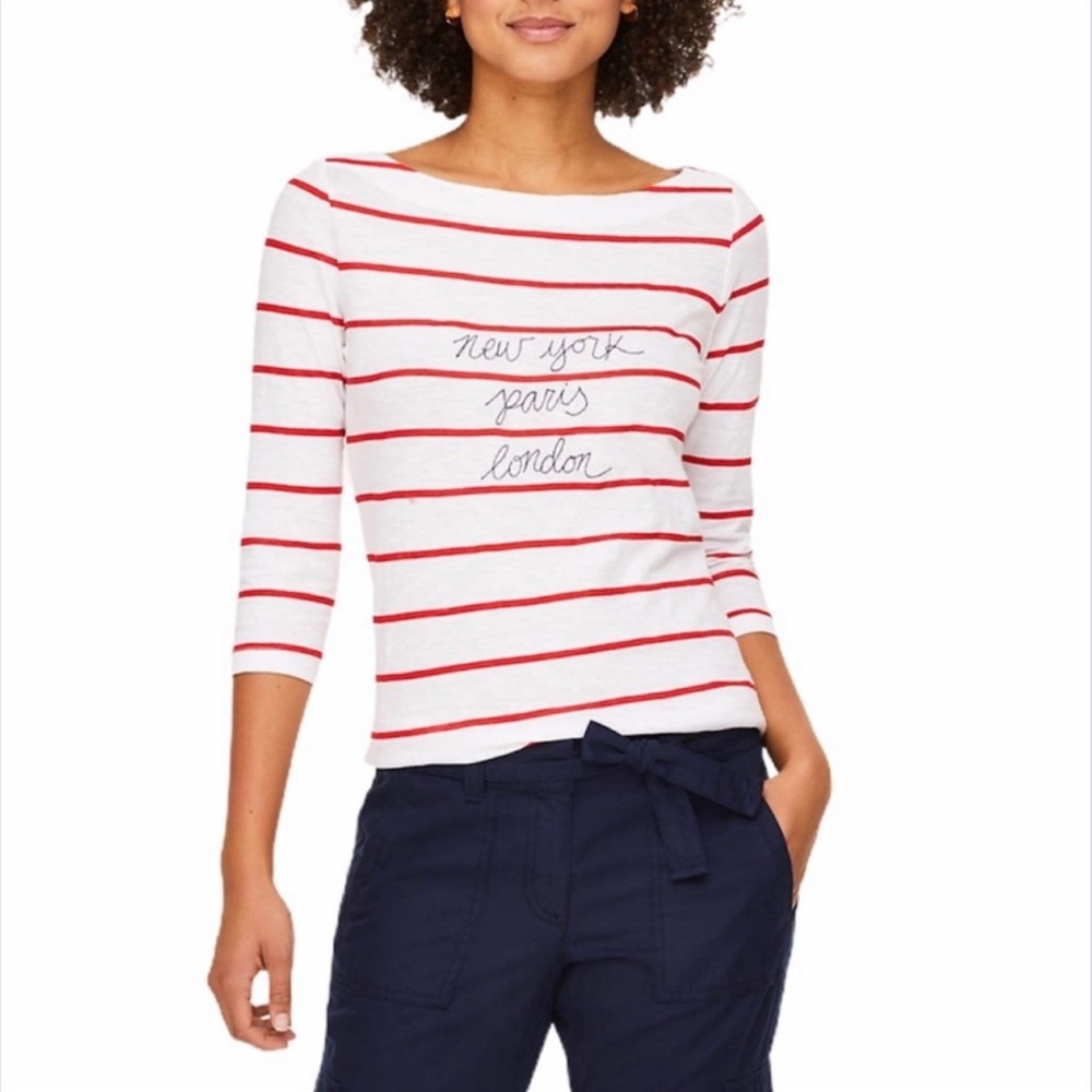 LOFT Top Red & White Striped Embroidered Boatneck Tee New York Paris Size Small